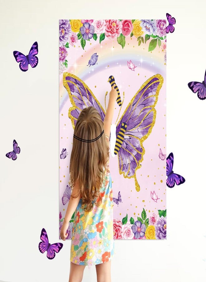 Lemicin Pin The Tail on The Butterfly With 32 Pcs Tails, Large Purple Butterfly Party Games with Spring Flowers Poster for Kids Boys Girls Birthday Carnival Classroom Activities Wall Decorations - Image 3